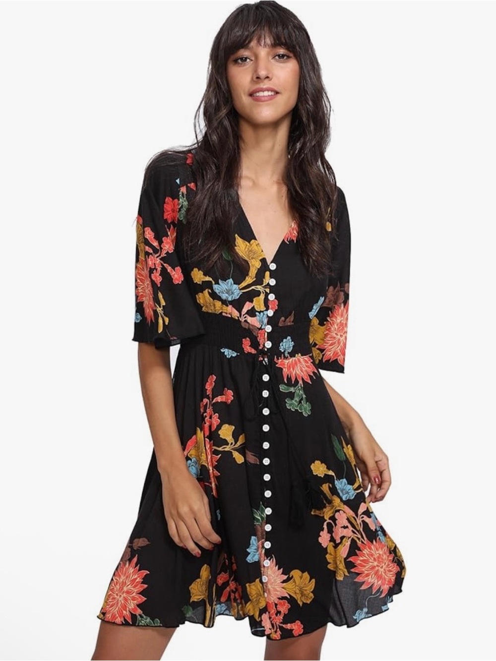 Summer dress with a vibrant floral print on a black backgrou. Size M/L/XL